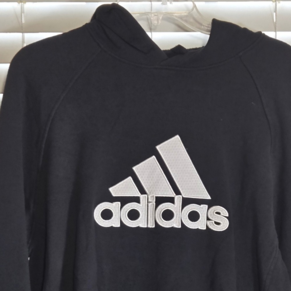 Adidas Mens Hoodie Black Embroidered Logo Pullover Fleece Sweatshirt Medium